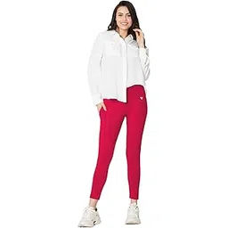 vstar PL02 Women Ankle Length Stretchable Slim Fit Leggings with Secured Side Pocket | Moisture-Wicking | Soft Waistband & Cotton-Elastane Fabric | M | Tango red-picture-46