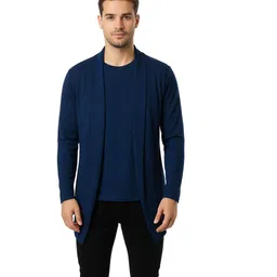 vuzzan Men Kimono Style Full Sleeve Blue Shrug-picture-15