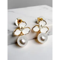 VYRA Aquamarine Studded & Artificial Beaded Floral Shaped Drop Earrings-image-2