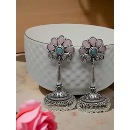 VYRA Aquamarine Studded & Artificial Beaded Oxidised Dome Shaped Drop Earrings-image-5