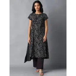 W Black Cotton Printed Flared Kurta-picture-10