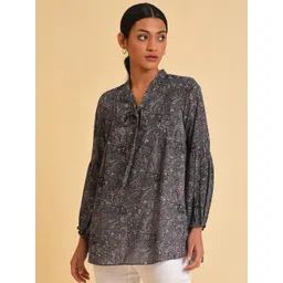 W Black Floral Printed Tie-Up Neck Puff Sleeves Top-picture-40