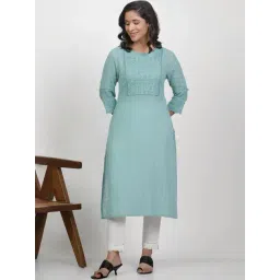 W Blue Cotton Embroidered Straight Kurta-picture-19
