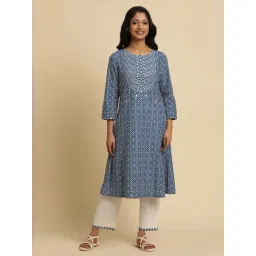 W Blue Cotton Printed A Line Kurta-picture-10