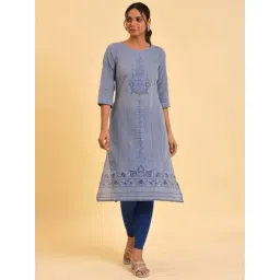 W Blue Cotton Printed Straight Kurta-picture-30