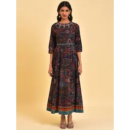 W Blue Ethnic Motifs Printed Embroidered Cotton Maxi Ethnic Dress-picture-19