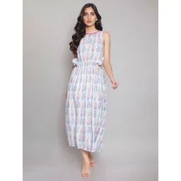 W Blue Floral Omplalodes printed dress with cut-outs waist and gathers.-picture-24