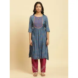 W Blue Printed A Line Kurta-picture-43