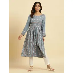 W Blue Printed Fit and Flare Kurta-picture-50