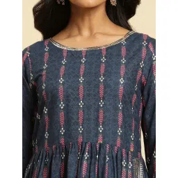 W Blue Printed Straight Kurta image 5