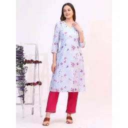 W Blue Regular Fit Floral Print Kurta-picture-38