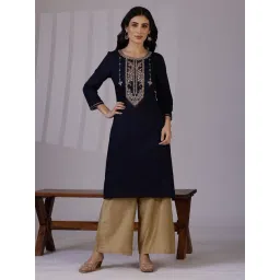 W Blue Viscose Embroidered 3/4th Sleeves Kurta-picture-33