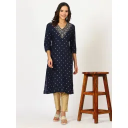 W Blue Viscose Embroidered 3/4th Sleeves Kurta-picture-34