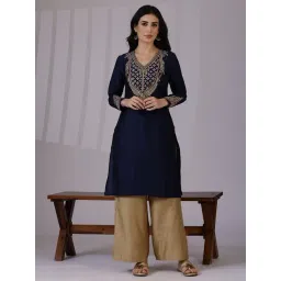 W Blue Viscose Embroidered Full Sleeves Kurta-picture-32