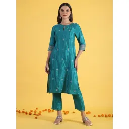 W Blue Viscose Embroidered Three Quarter Sleeves Kurta-picture-30
