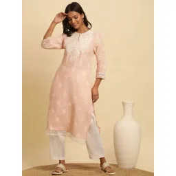 W Blush Pink Viscose Embroidered Straight Kurta-picture-42