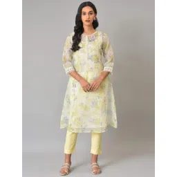W Cream Floral Print A Line Kurta-picture-24