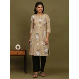 W for Woman Beige Floral Printed Cotton Check Textured Gathered Kurta-picture-58