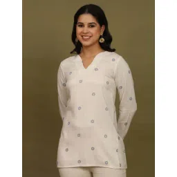 W for Woman Beige Stripes Rayon Straight Top in Curved Neck-picture-35