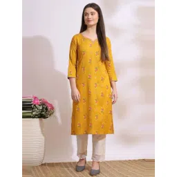 W for Woman Deep Yellow Floral Printed Rayon Straight Kurta with Embroidered Neck-picture-37
