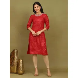 W for Woman Maroon Printed Rayon Straight Kurta with Embroidered Neck-picture-34