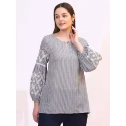 W for Woman Navy and White Yarn Dyed Striped Top with Schiffli Embroidery At Sleeves-picture-52