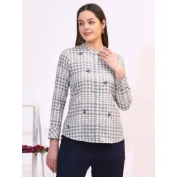 W for Woman Off-White and Blue Checker Thread Embroidered Cotton Flax Shirt-picture-22