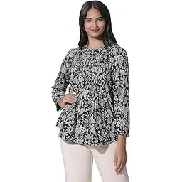 w for woman Black Floral Printed Top with Front Pleats-picture-27