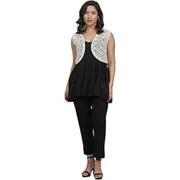 w for woman Black Solid Rayon A-Line Top with Gillet-picture-40