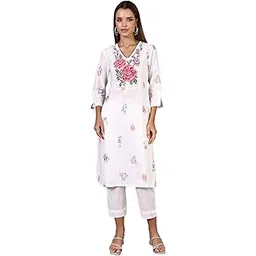 w for woman White Floral Printed Thread Embroidery Pure Cotton Straight Kurta-picture-12