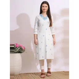 W for Woman White Check Printed Thread Embroidered Pure Cotton Straight Kurta-picture-32