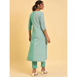 W Green & Blue Self Design Pure Cotton Kurta with Trousers image 5