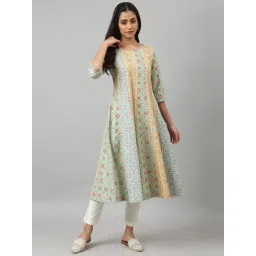 W Green & Yellow Cotton Printed A Line Kurta-image-26