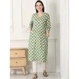 W Green Cotton Printed Straight Kurta-image-18
