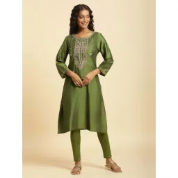 W Green Embroidered Straight Kurta-picture-17