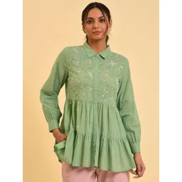 W Green Floral Printed Cotton Shirt Style Top-picture-21