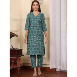 W Green Printed Printed Three-Quarter Sleeves Tunic With Trouser-picture-10