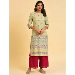 W Green Printed Straight Kurta-image-3