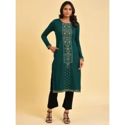 W Green Printed Straight Winter Kurta-image-6