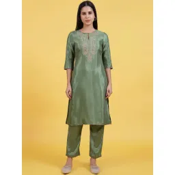 W Green Viscose Embroidered Three Quarter Sleeves Kurta-picture-14