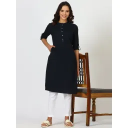 W Navy Blue Cotton Blend Solid Kurtas-picture-30