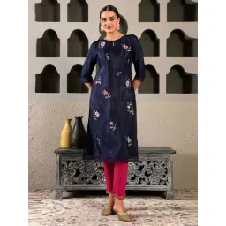 W Navy Embroidered Straight Kurta-picture-28