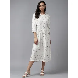 W Off White & Green Floral Print Keyhole Neck Ethnic A-Line Midi Dress-picture-40