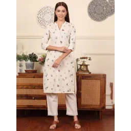 W Off White Cotton Floral Print Straight Kurta-picture-39