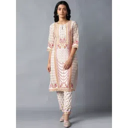 W Off-White Floral Print Straight Kurta-picture-32