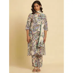W Paisley Printed Keyhole Neck Pure Cotton Straight Kurta with Trouser & Dupatta-picture-33