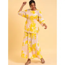 W Peach-Coloured & Yellow Abstract Printed Pure Cotton Top With Palazzos-picture-18