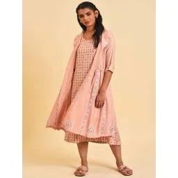 W Peach Cotton Printed A-Line Dress-picture-17