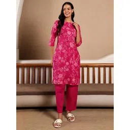 W Pink Floral Printed Straight Pure Cotton Kurta with Trousers-picture-10