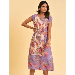 W Purple Ethnic Motifs Printed Tie Up Ruched A-Line Midi Dress-picture-23